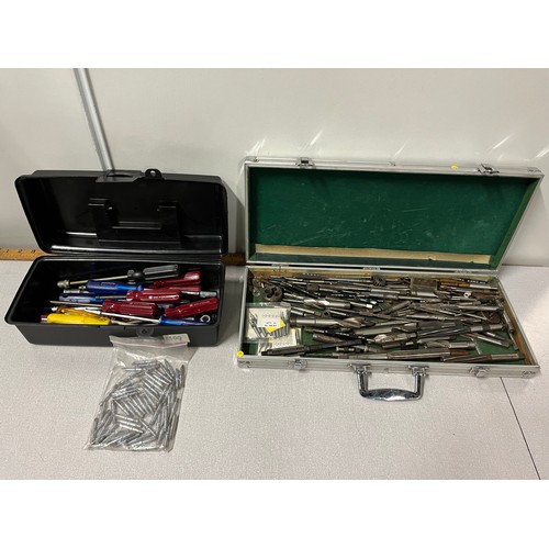 389 - Aluminium case filled with tap & die sets etc & 1 tool box to include ratchets etc.