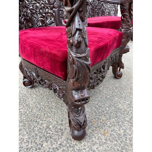 384 - an asian highly carved sofa & 2 chairs with red velvet upholstery