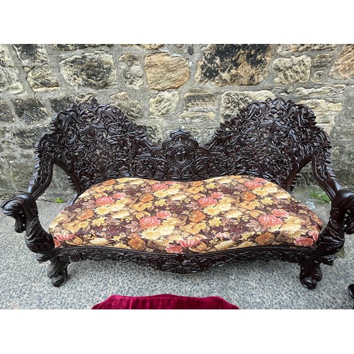 445 - an asian highly carved sofa & 2 chairs with red velvet & floral upholstery 
2 extra cushions include... 