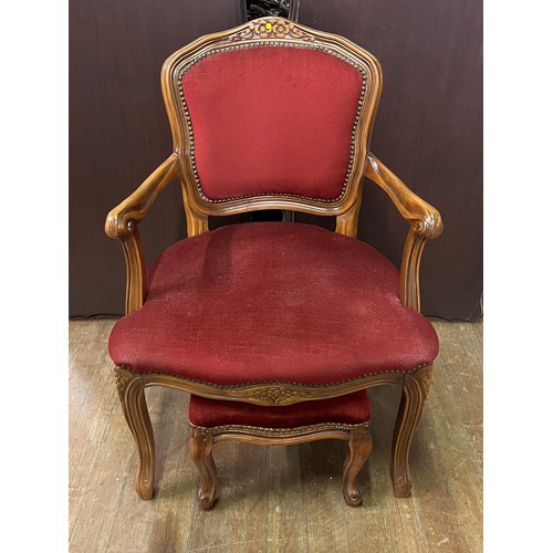 51 - red velvet bedroom chair & matching foot stool