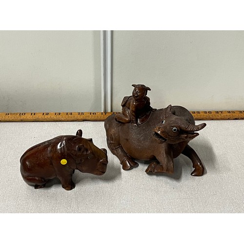 227 - 2 hand carved wood animals & asian rider