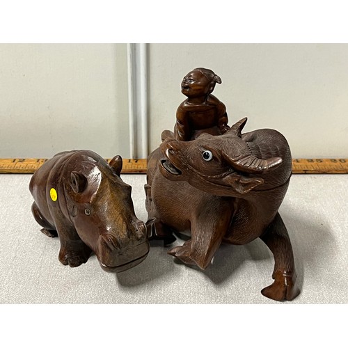 227 - 2 hand carved wood animals & asian rider