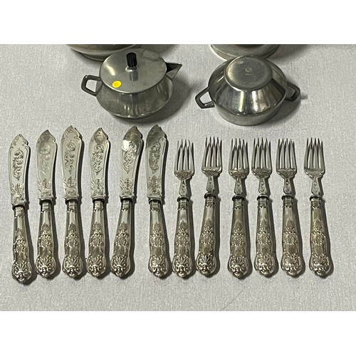 232 - Art deco style Norwegian pewter tea set & EP kingsware cutlery