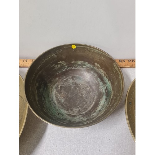 63 - 3 large Chinese brass bowls.