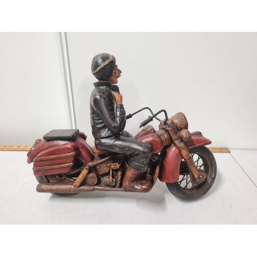 190 - Large wooden heavy Harley Davidson & rider. 
50cm l x 36cm h