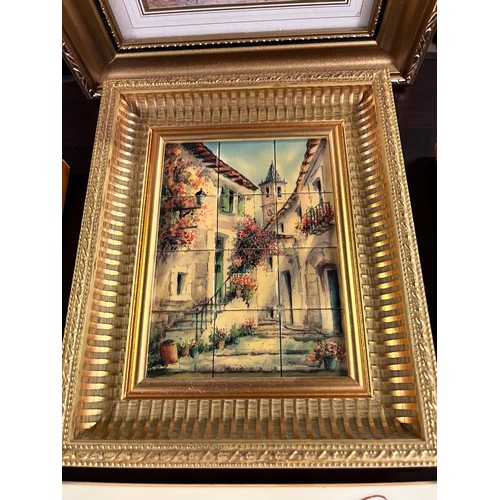 Large Spanish tile signed, 2 framed decoupage pictures etc.