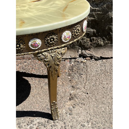 18 - faux marble gilt edged oval table with limoges decoration