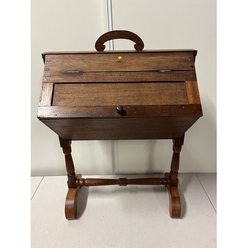 1 - Vintage wooden sewing box on stand with 2 drawers & compartments.
80cm h x 53cm w