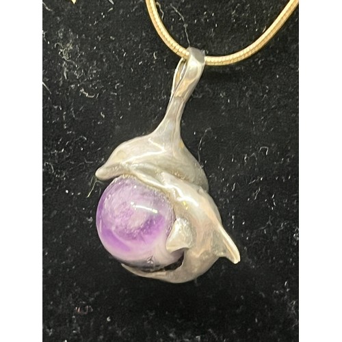 516 - silver chain with 2 dolphins amethyst globe marble silver pendant