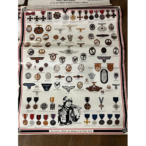 469 - 2 posters  of the decorations, medals & badges of the Third Reich & 2 Reward posters from the postma... 