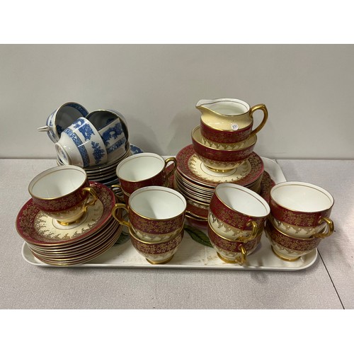 428 - Tray of part tea sets to include Royal Cauldon blue dragon & bone Kent China.
