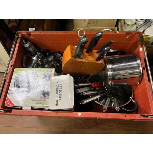 436 - large box of pots pans & cutlery etc