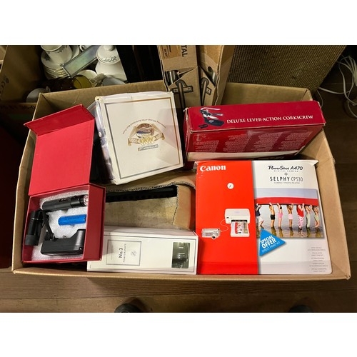 437 - box of boxed items to include canon printer, laser pointer etc