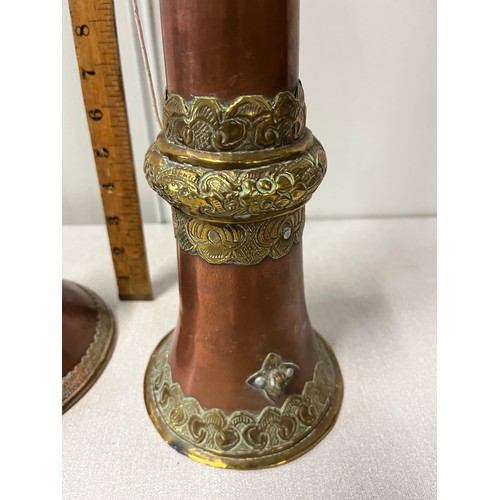 260 - Tibetan copper & brass ceremonial horn 
& part horn with tibetan silver
99cm