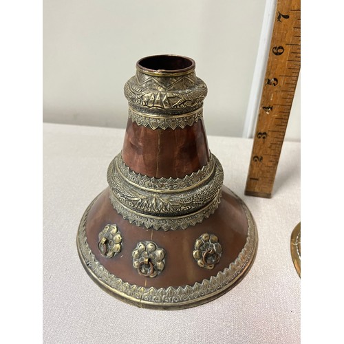 260 - Tibetan copper & brass ceremonial horn 
& part horn with tibetan silver
99cm