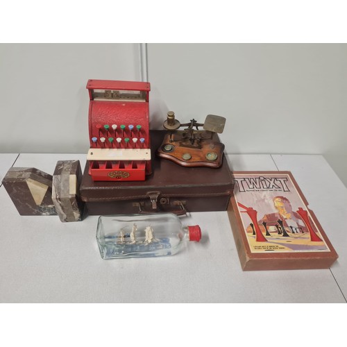 447 - vintage childs till, ship in a bottle & marble bookends etc