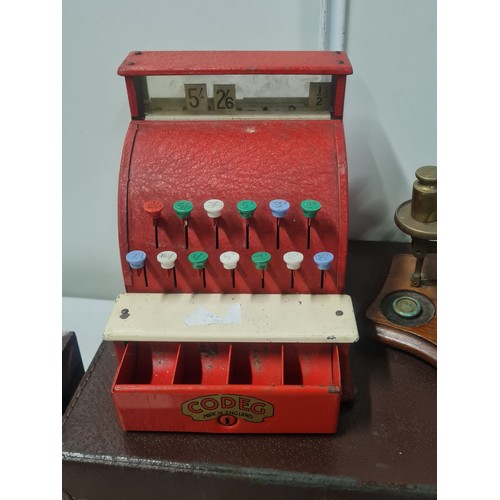 447 - vintage childs till, ship in a bottle & marble bookends etc