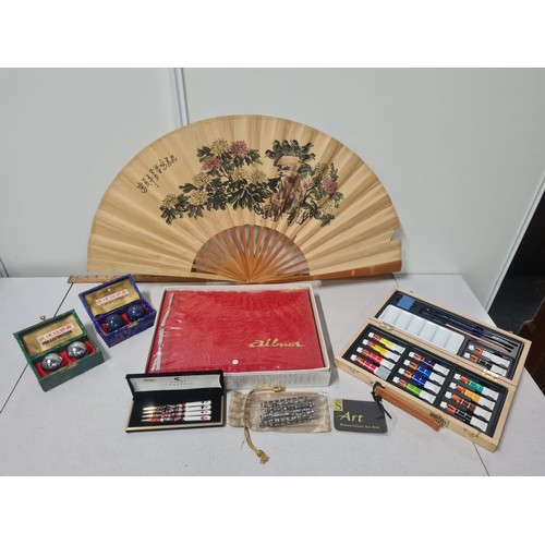 466 - selection of items to include paints , pens & fan etc