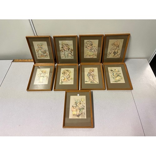 288 - 9 framed hummel pictures/postcards.
17cm x 23cm
