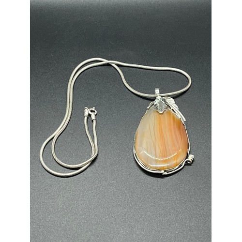 47 - Large Heavy Silver (.925) Floral Design Pendant , Brown Onyx Type stone inset with Chain ... (70 gra... 