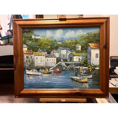 Framed harbour scene oil on canvas painting by Italian artist Rossini