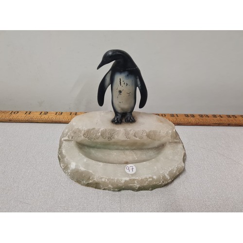 152 - Heavy Vintage cold painted spelter penguin on marble stone base.