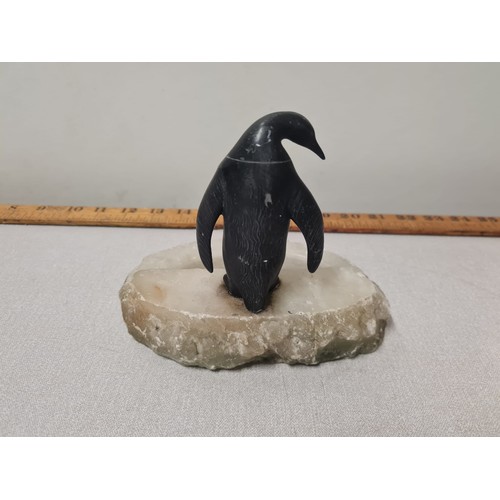 152 - Heavy Vintage cold painted spelter penguin on marble stone base.