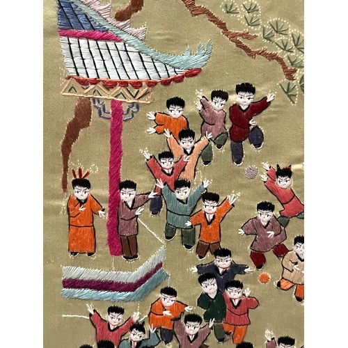 120 - 2x Framed Chinese silk embroidery wall hanging hundred children. 1 signed. 36x78cm