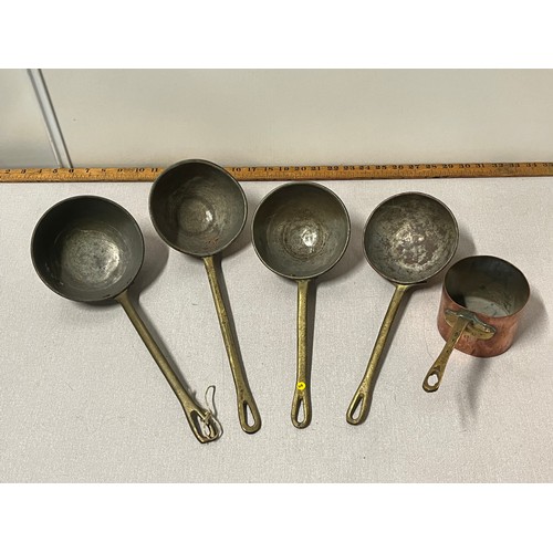 164 - Antique copper & brass ladles & small pot.