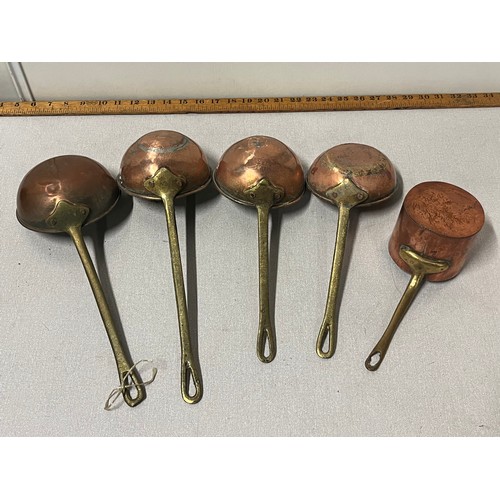 164 - Antique copper & brass ladles & small pot.