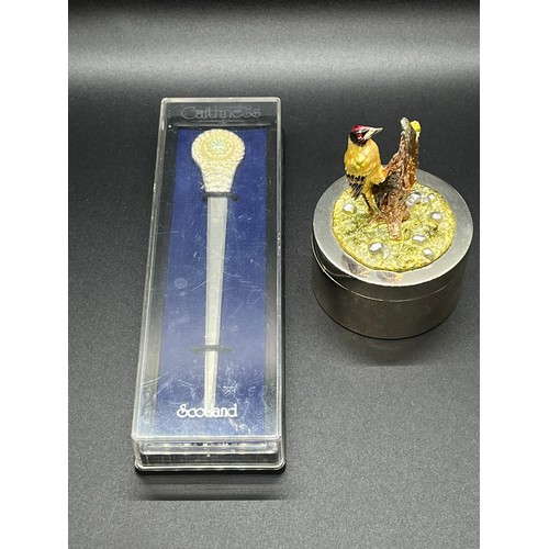 123 - scottish metal woodpecker with jeweled eyes trinket dish with caithness glass letter opener