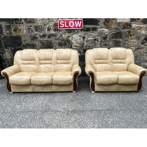 65 - italian leather 3 x 2 sofas with wood trim