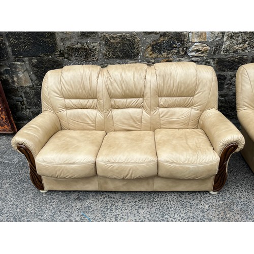 65 - italian leather 3 x 2 sofas with wood trim