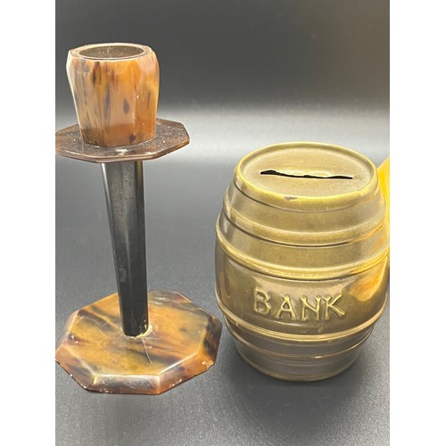 136 - vintage bakelite lidded dish, candlestick & brass bank