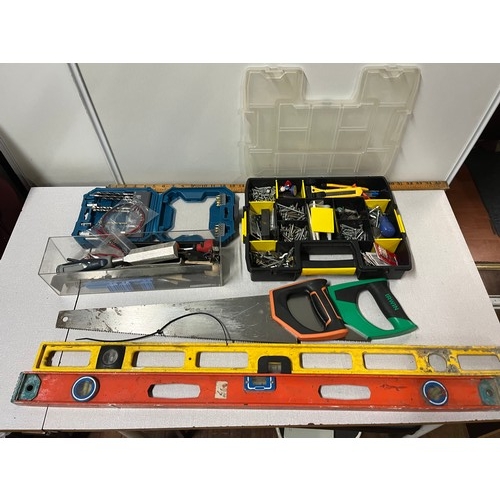 442 - Selection of tools to include saw, spirit level etc.