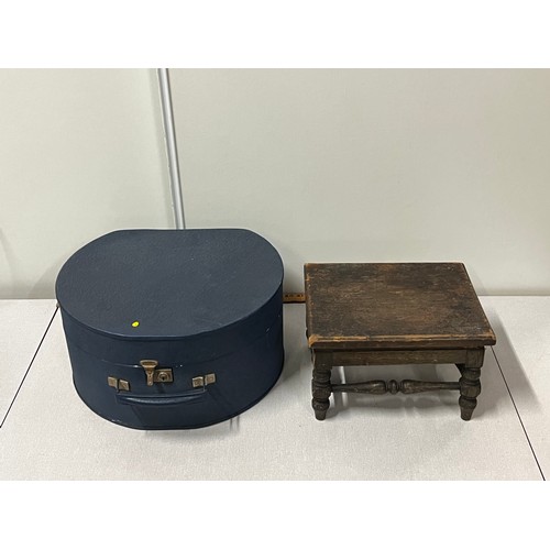 166 - Vintage metal hat box along with vintage stool.