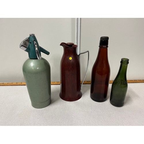 339 - 2 Edinburgh glass bottles, bakelite flask & metal soda syphon.