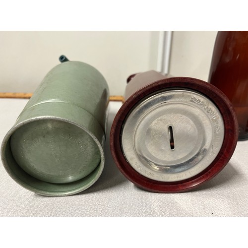 339 - 2 Edinburgh glass bottles, bakelite flask & metal soda syphon.