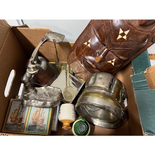 107 - Box of odds to include Vintage technical Drawing set, motorcycle headlamp & bronze bell.