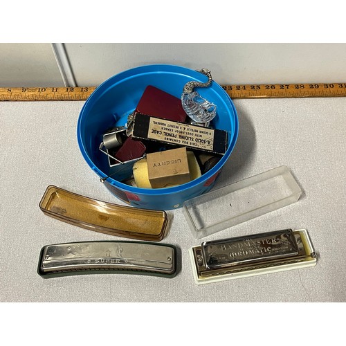 109 - Box of odds to include Harmonicas, Sterling silver swan & Masonic cuff links etc.