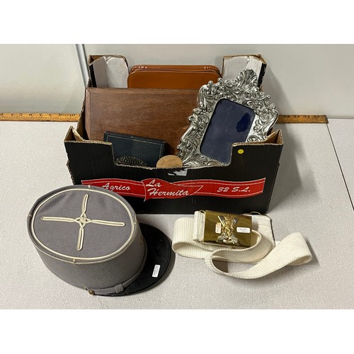112 - Box containing Photo frame with silver plaque, French kepi Scottish regiment belt etc.