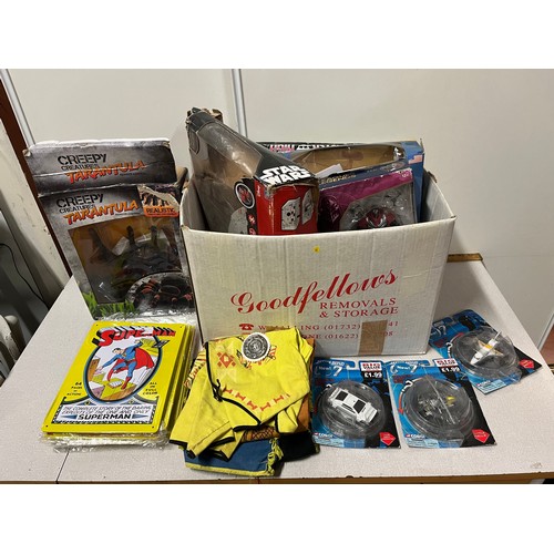 321 - Box of toys to include Star wars , superman metal plaques etc.