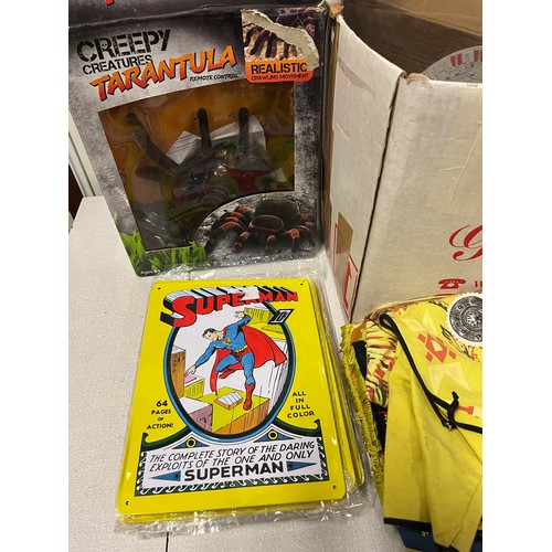 321 - Box of toys to include Star wars , superman metal plaques etc.