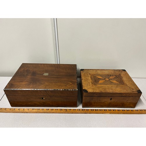 4 - Vintage wooden inlaid writing slope & vintage wooden inlaid jewellery/sewing box.