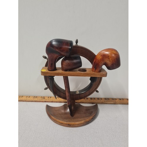 79 - vintage wooden pipe stand & pipes