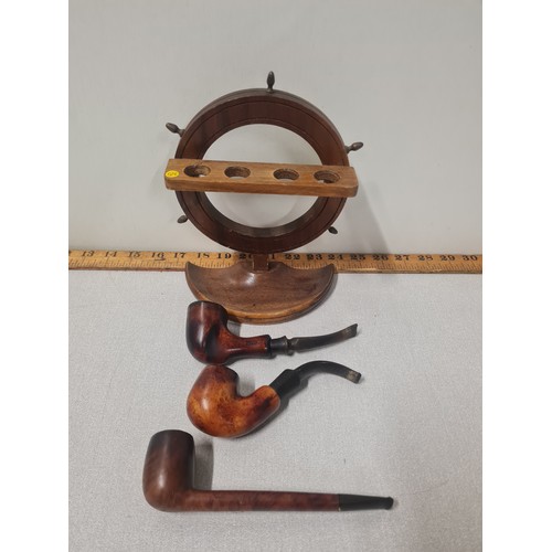 79 - vintage wooden pipe stand & pipes