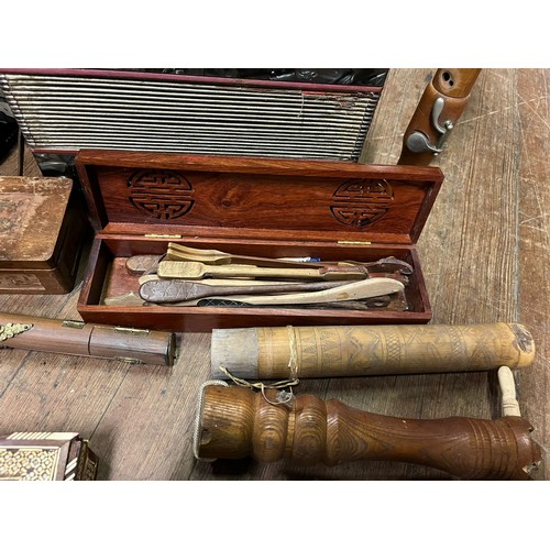 289 - Selection of misc to include musical instruments - accordions, Native American rattle, small copper ... 