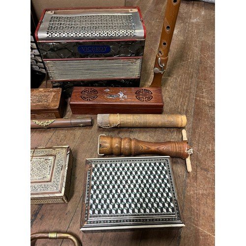 289 - Selection of misc to include musical instruments - accordions, Native American rattle, small copper ... 