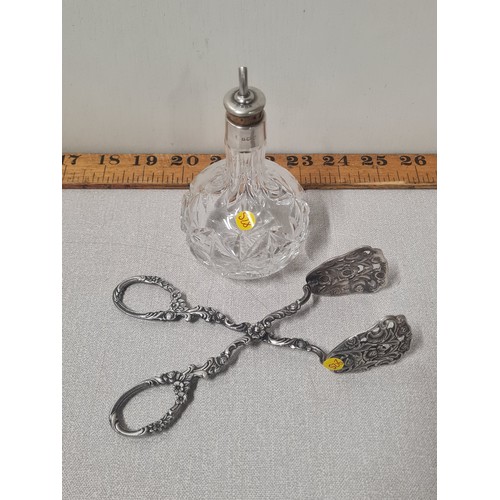 195 - set of silver plated tongs stamped 90 & silver lidded perfume bottle