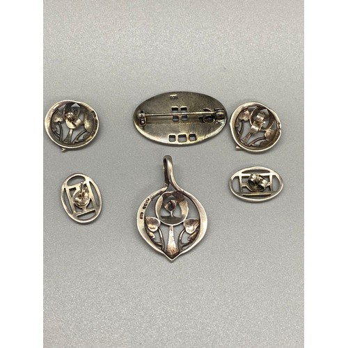 69 - rennie macintost silver jewel brooch ,pendant & 2 pairs of earrings